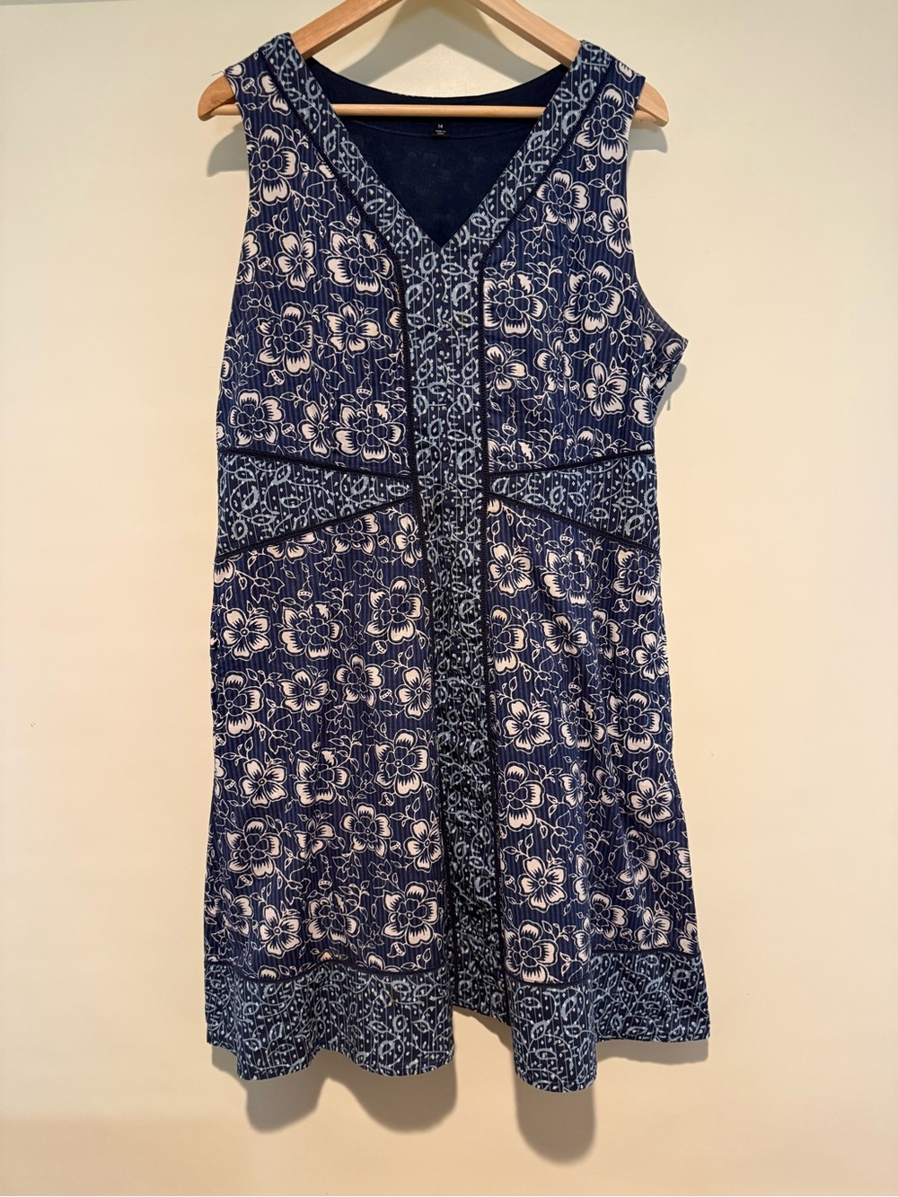 Lands’ End Fit and Flare Cotton Blue Floral Sleeveless Midi Dress, size 14